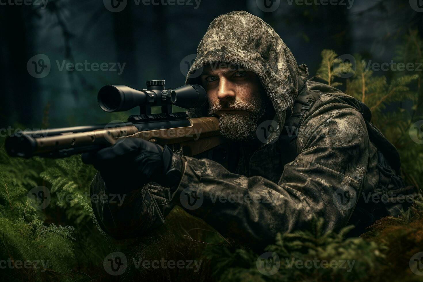 hombre vistiendo camuflaje y puntería con caza rifle masculino. generar ai foto