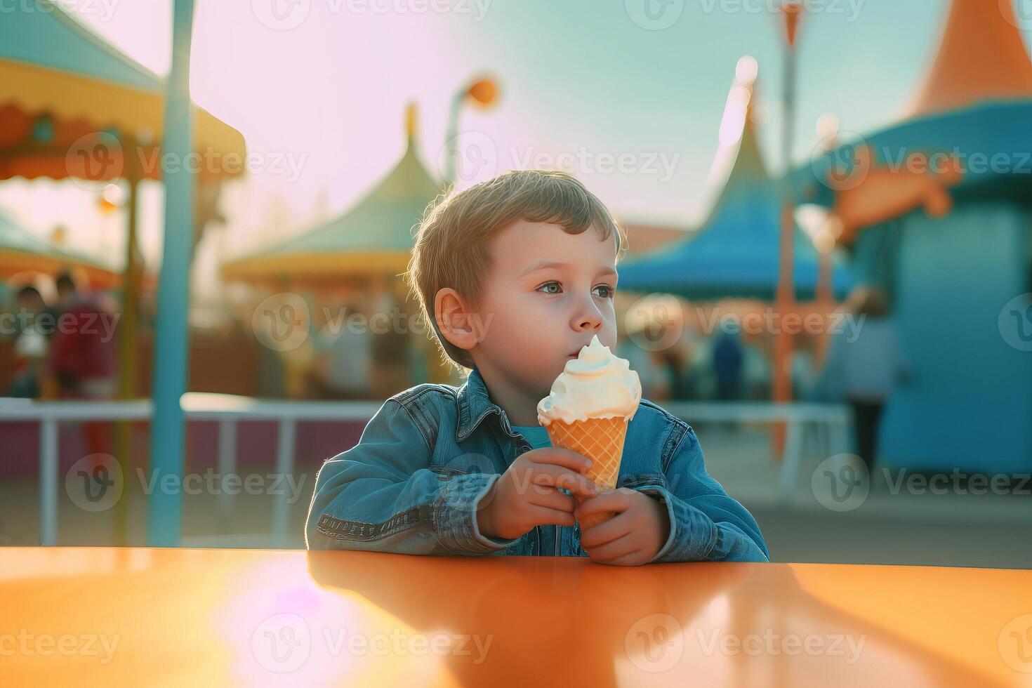 Boy eating ice cream. Generate ai photo