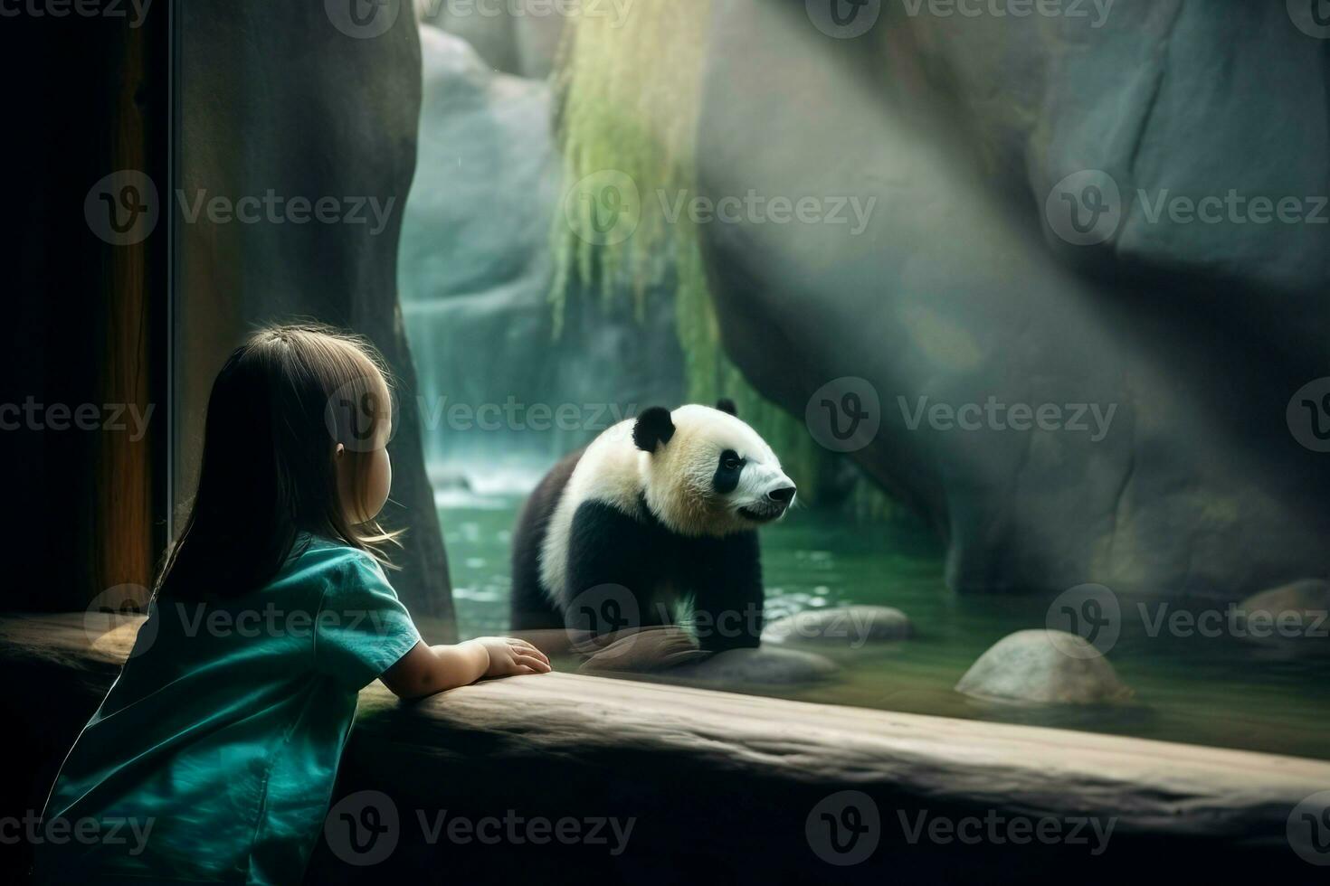 zoo pequeño niña con panda. generar ai foto