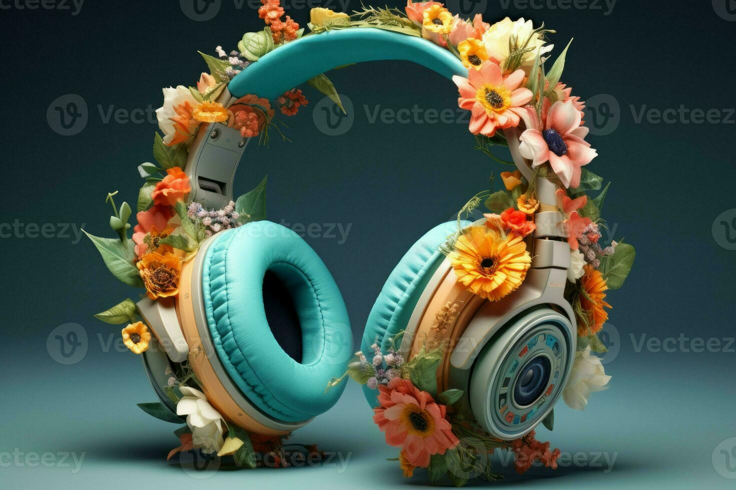 Stylish Flower music headphones. Generate Ai photo