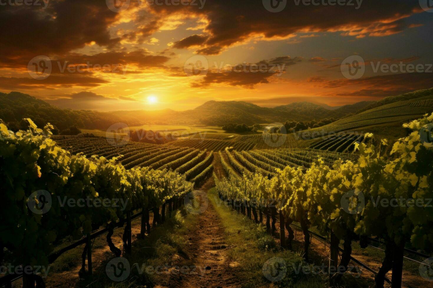 Sun-kissed Beautiful vineyard. Generate Ai photo