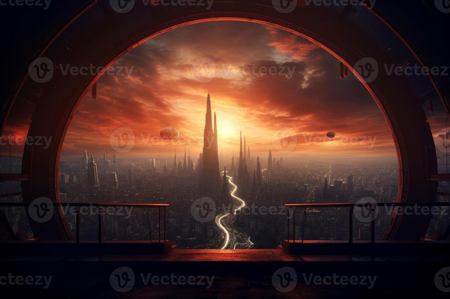 Vibrant Futuristic canyon view sunset. Generate Ai photo