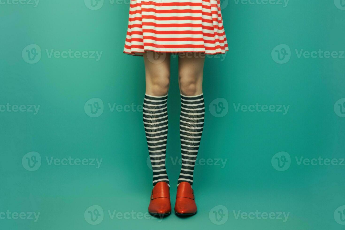 Woman in striped stockings and skirt on color background. Generate Ai photo