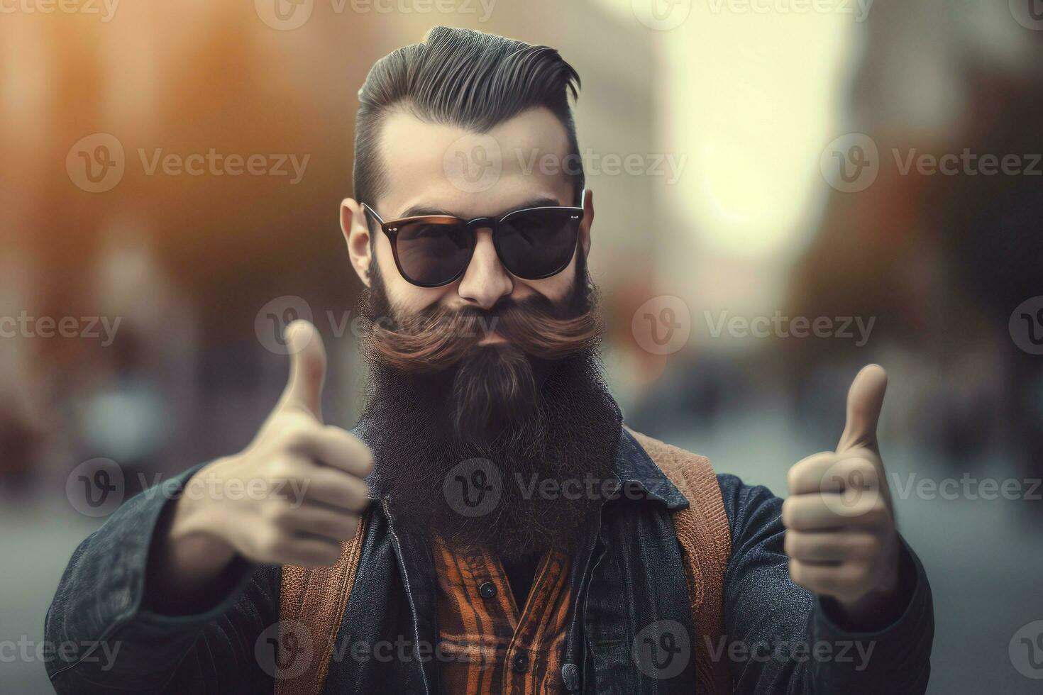 Stylish hipster man with thumbs up. Generate ai photo