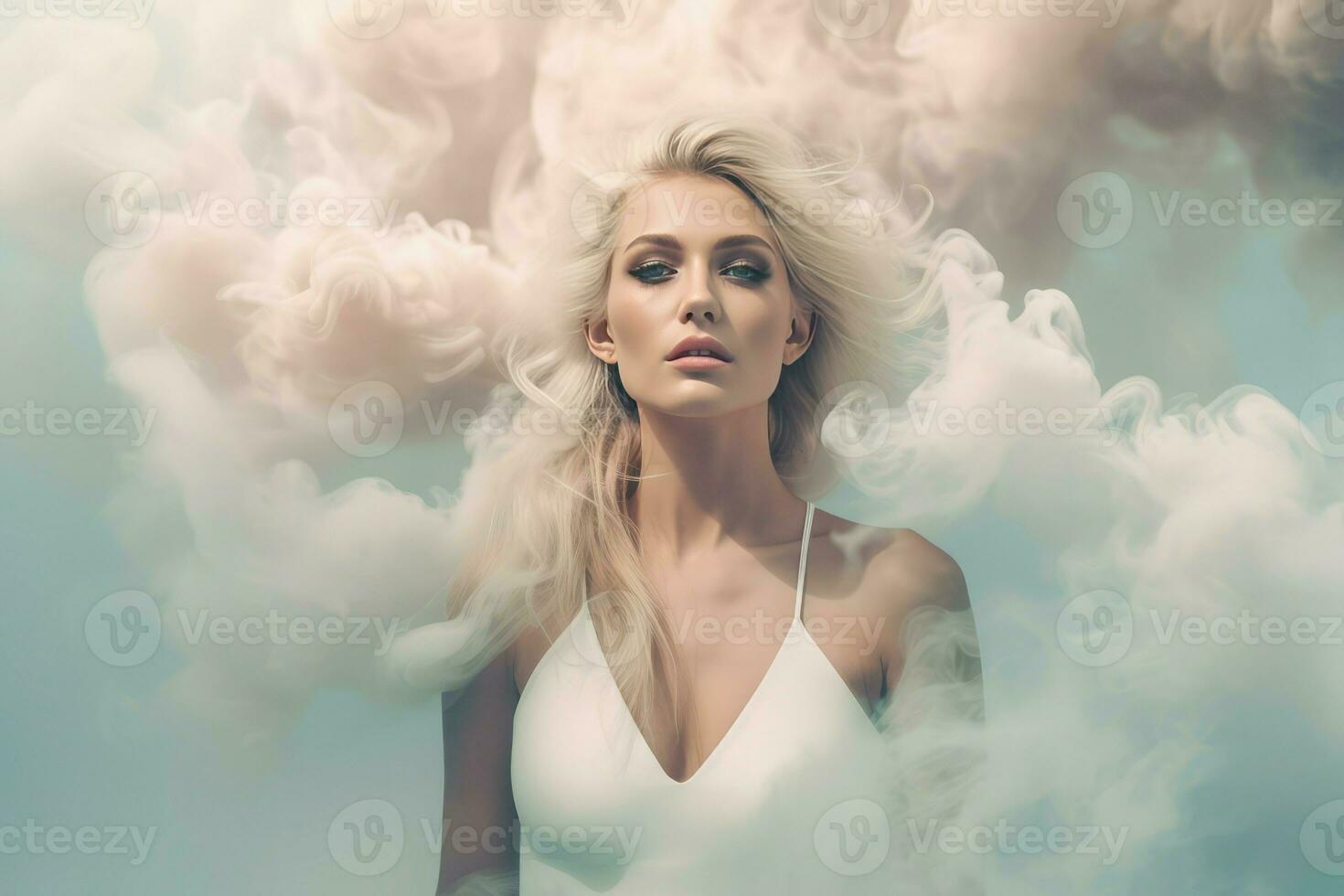 Blonde woman standing in smoke cloud. Generate ai photo