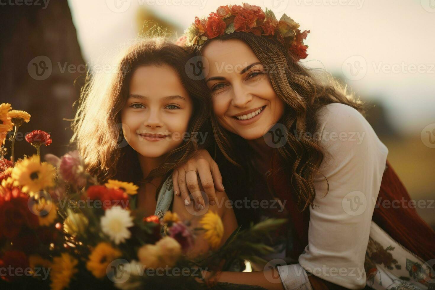 Happy mature mother and her daughter outdoors nature. Generate Ai photo