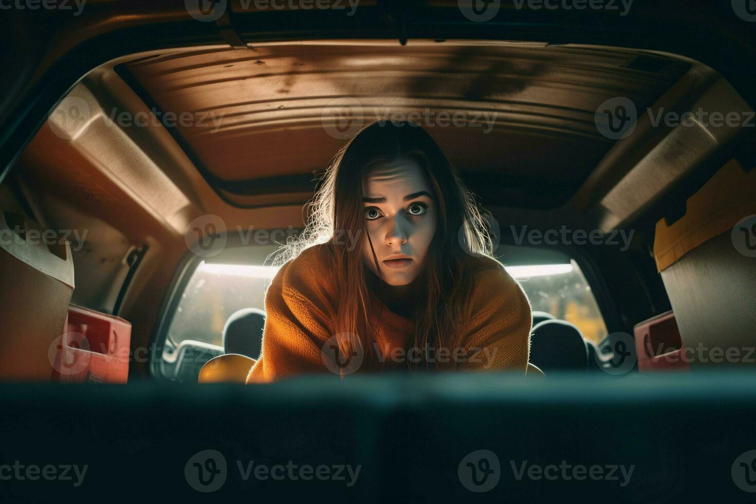 Worried desperate girl in car. Generate ai photo