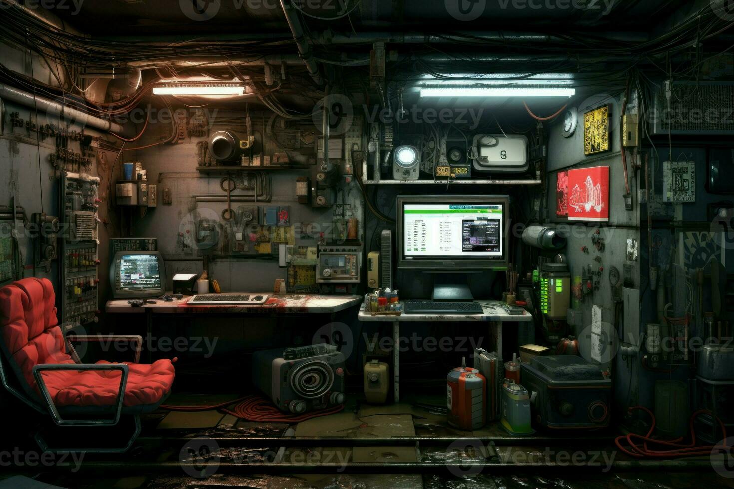 Compact Cyberpunk apartment. Generate Ai photo