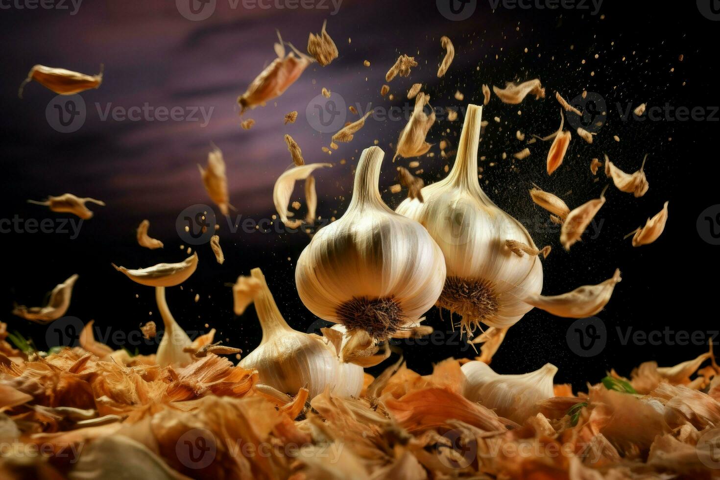 Unusual Garlic flying. Generate Ai photo