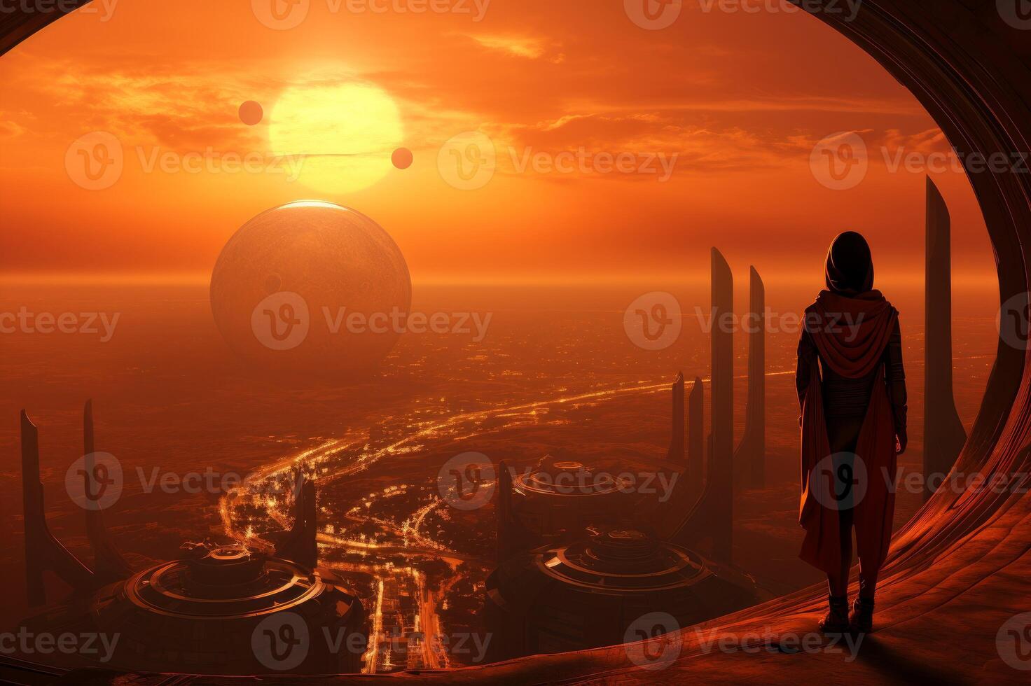 Spectacular Futuristic canyon view sunset. Generate Ai photo
