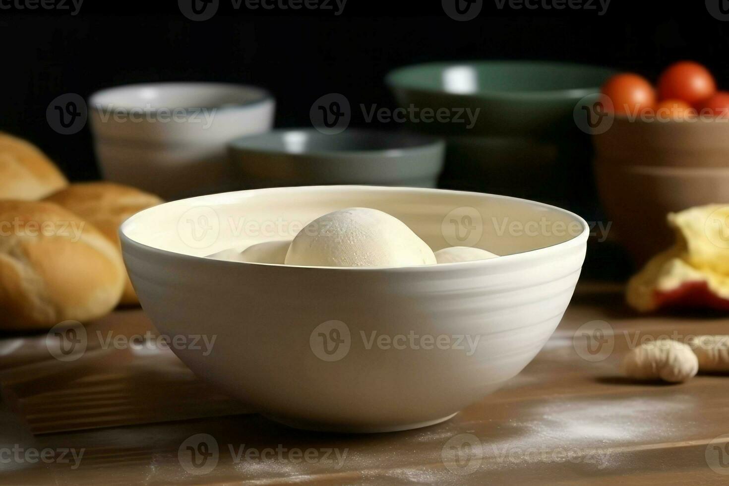 White ceramic bowl with dough on table. Generate Ai photo