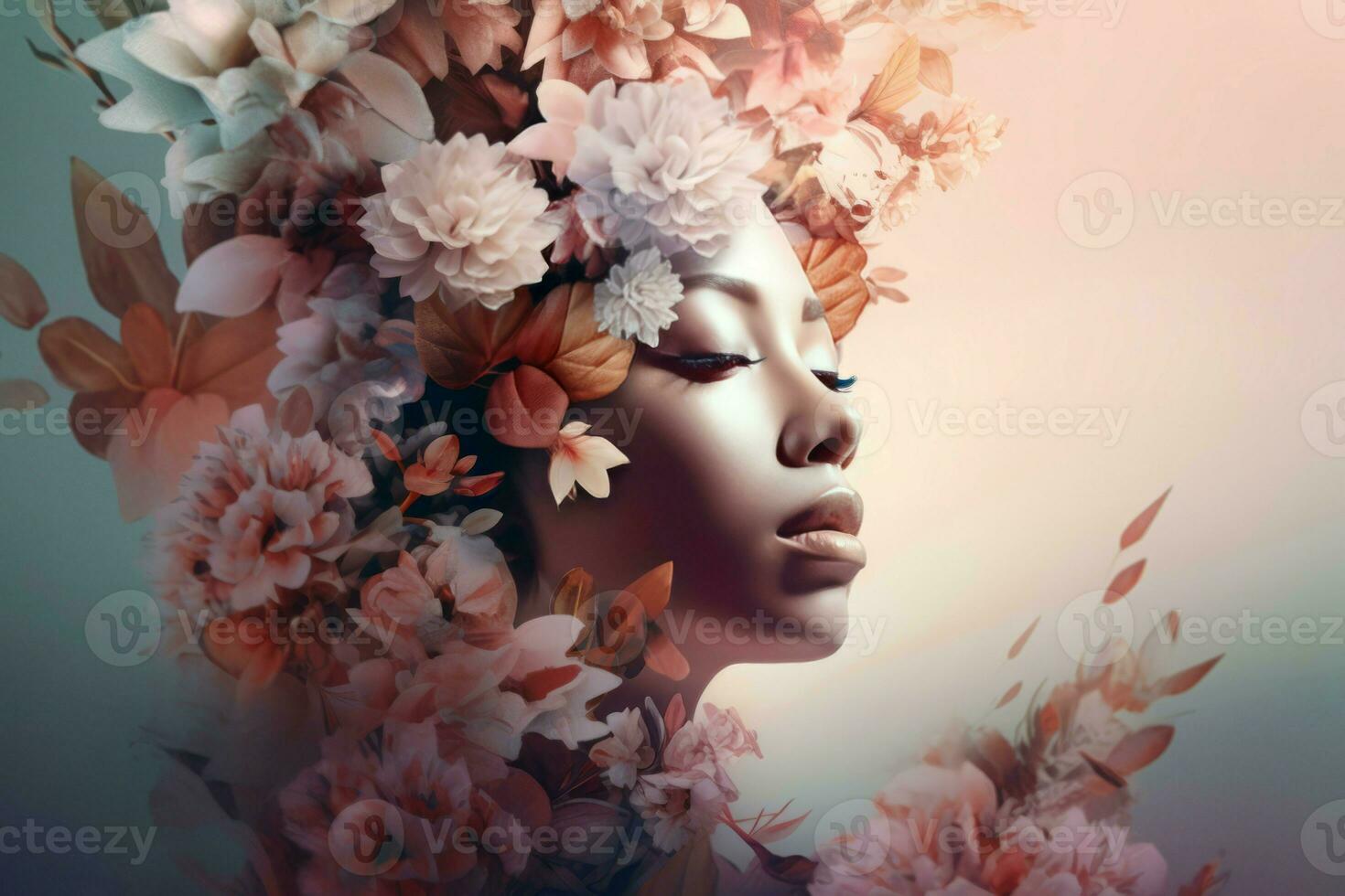 Model with head decorated with flowers. Generate ai photo