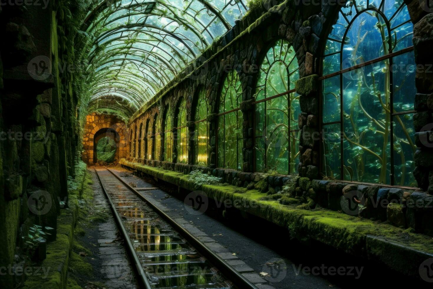 Luminous Glass railway tunnel. Generate Ai photo