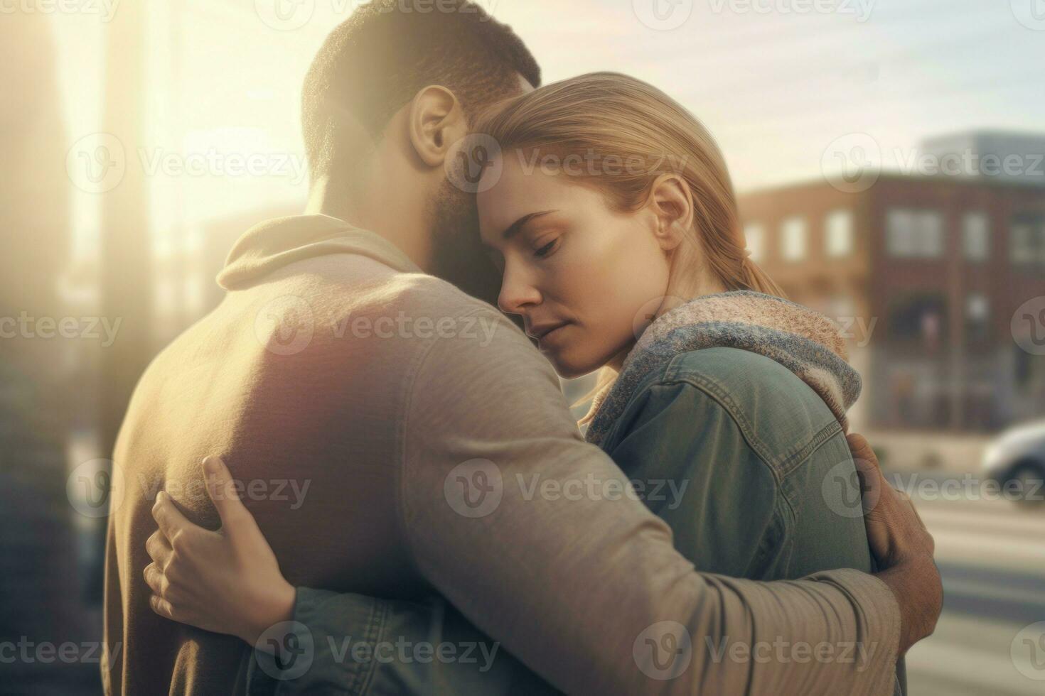 Couple hugging on the street in sunny daylight. Generate ai photo