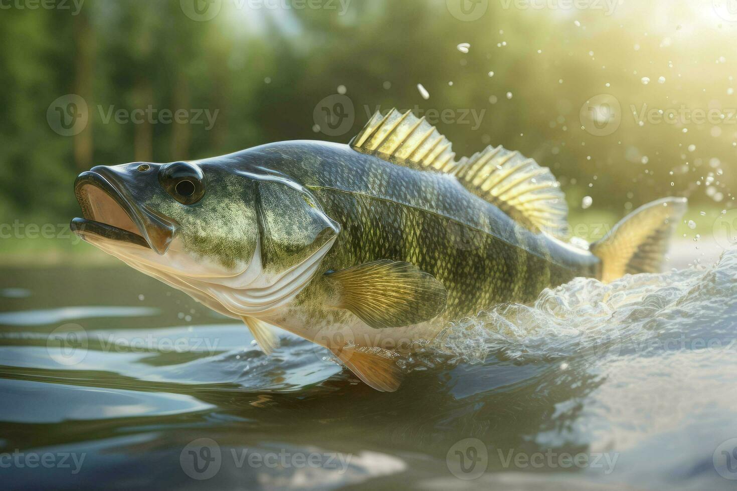 Small bass taking off river in sun light. Generate Ai photo