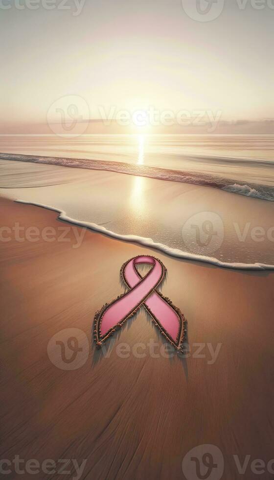 A serene beach scene during sunrise, highlighting a pink ribbon symbol drawn on the wet sand, representing persistence and hope. AI Generative photo