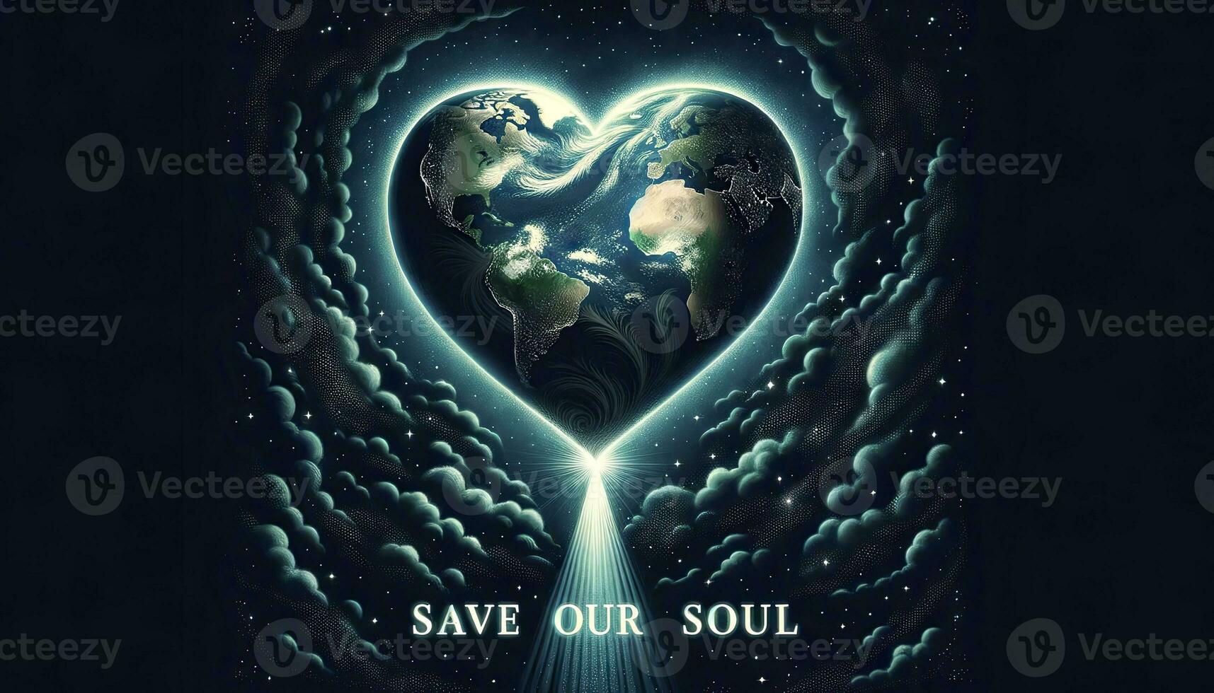 A heart-shaped planet Earth surrounded by space, projecting the words Save Our Soul as a plea for assistance and compassion. AI Generated photo