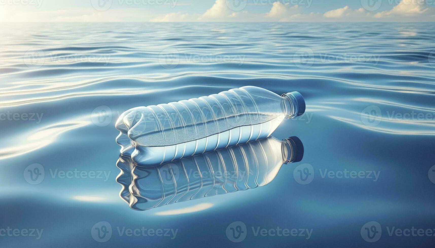 Clear plastic bottle floating on calm blue water, reflecting the sky above. The bottle is slightly tilted, with a portion submerged in water.  AI Generated photo
