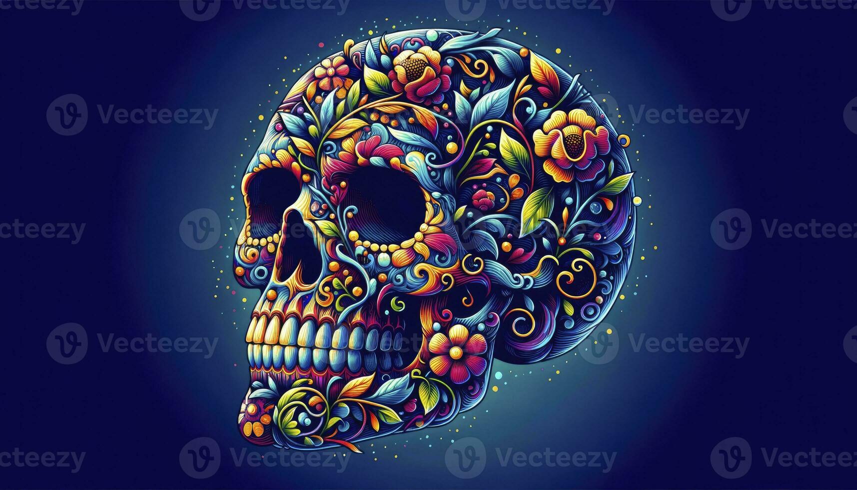 A vibrant, artistic interpretation of a skull adorned with colorful floral patterns, vines, and leaves against a deep blue background. AI Generative photo