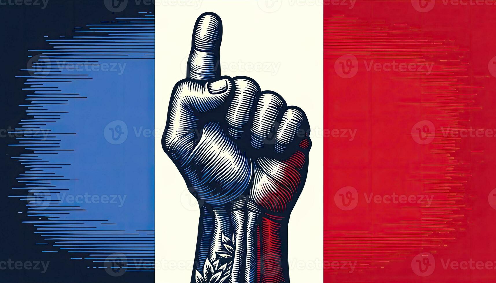 A detailed hand raised in a gesture of unity, strength, or protest, set against the vibrant stripes of the French flag, emphasizing solidarity and national pride. AI Generated photo