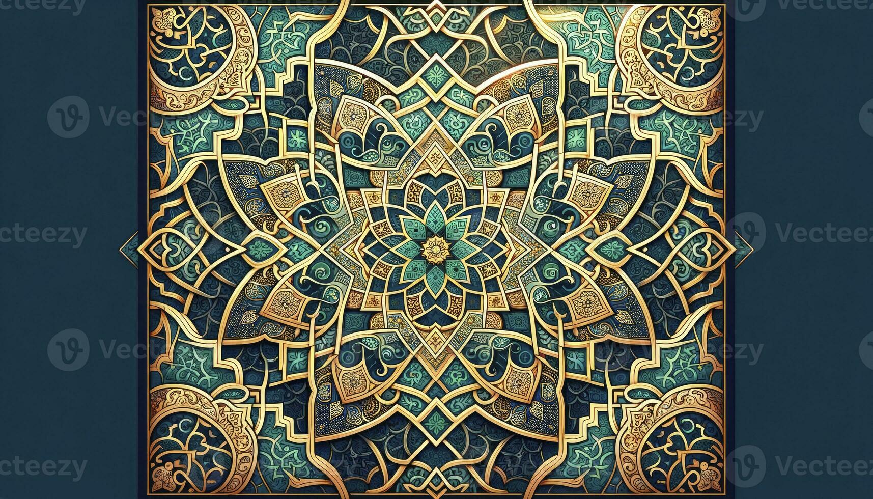 An ornate Islamic geometric pattern in shades of teal and gold, intertwined with arabesque motifs and calligraphy elements. AI Generative photo