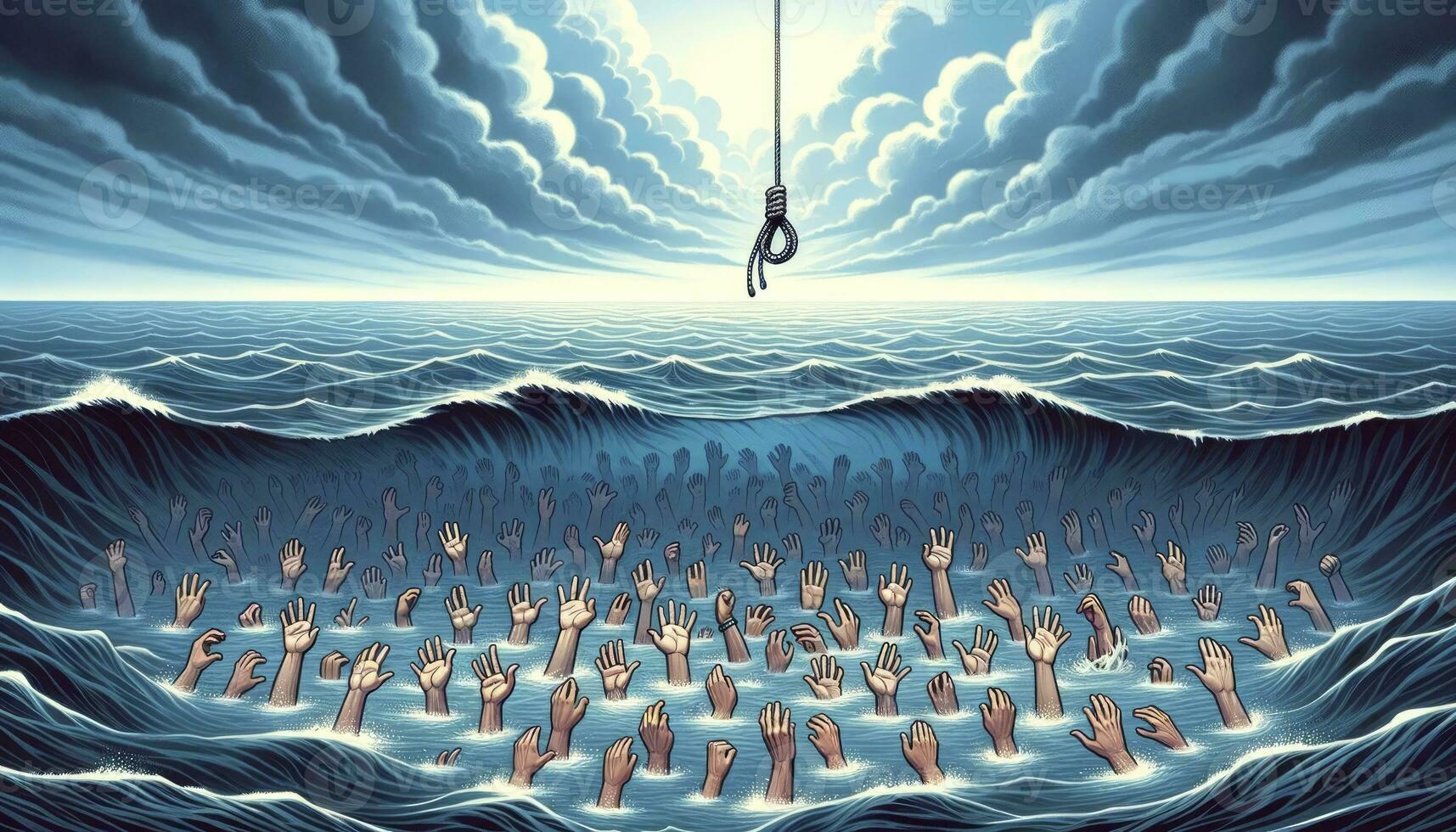 Numerous hands breaking through the surface of a roaring ocean, reaching out for a rescue rope, with the sky displaying the words Save Our Soul. AI Generated photo
