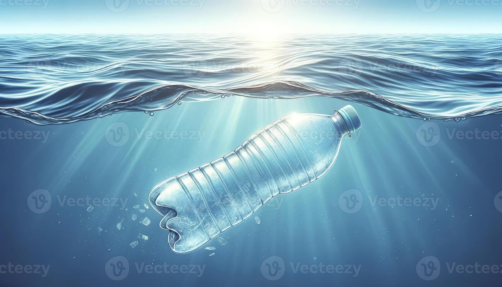 A clear plastic bottle floating aimlessly on a calm, blue ocean, with