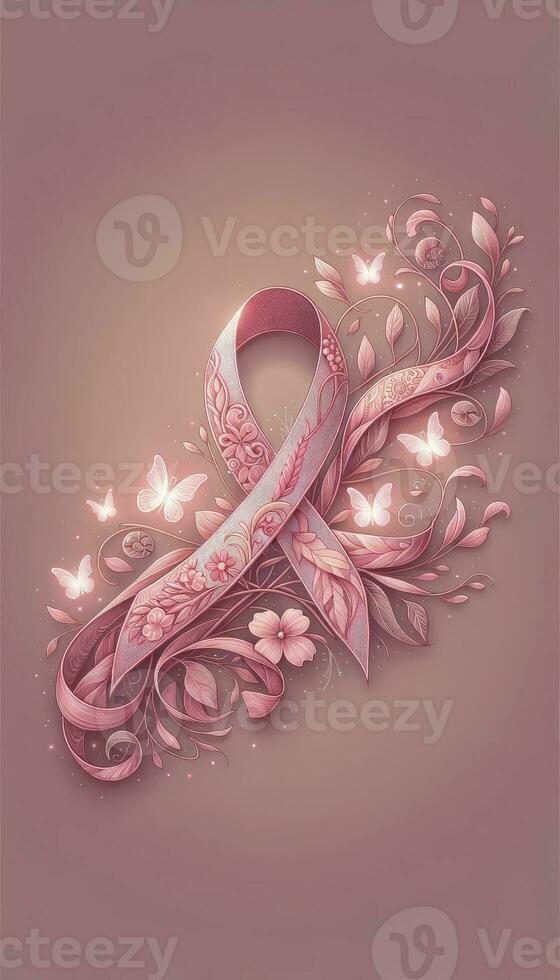 An illustration of a beautifully crafted pink ribbon intertwined with intricate floral patterns, accompanied by tiny luminescent butterflies symbolizing hope and resilience. AI Generative photo