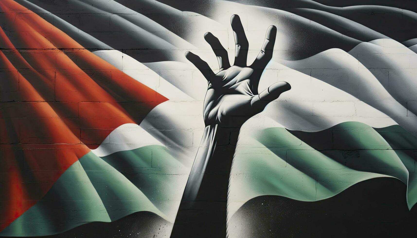 A silhouette of a hand reaching upwards in front of the fluttering Palestinian flag, capturing a sense of hope, determination, and patriotic spirit. AI Generated photo