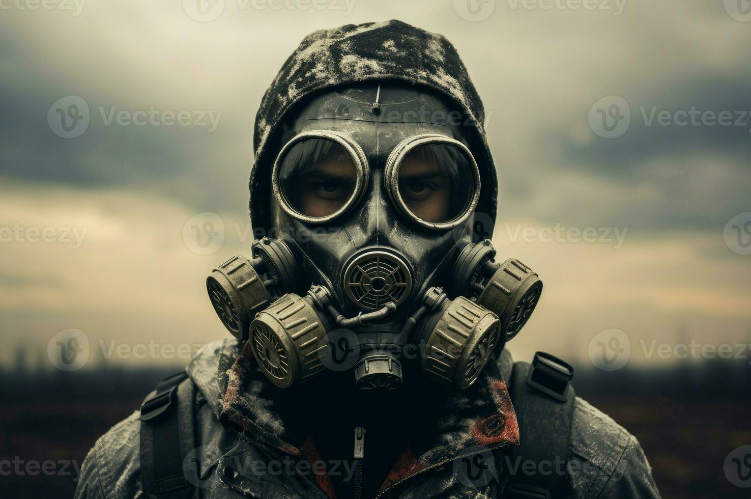 Alarming Man gas mask. Generate Ai photo