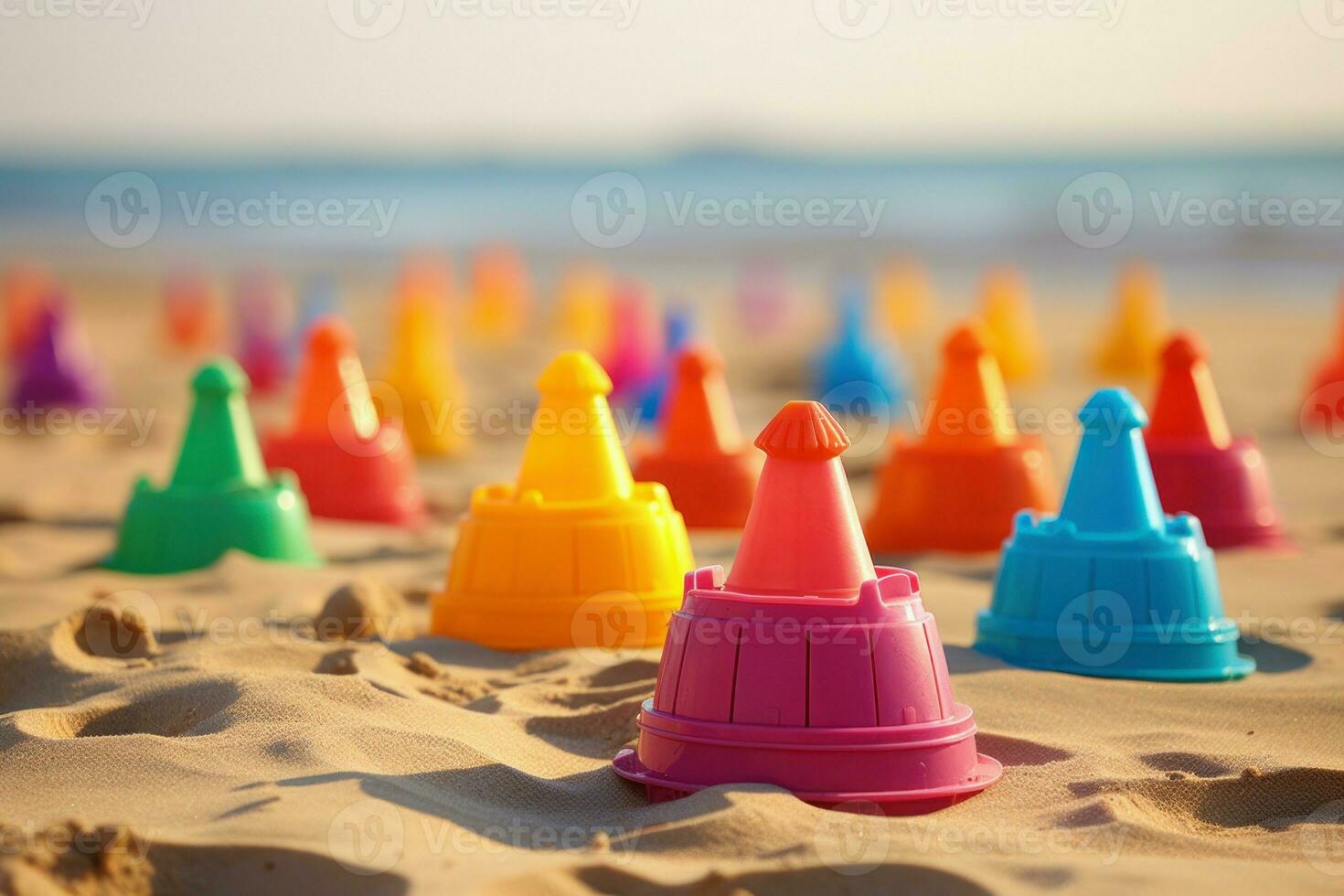 Colorful plastic sand toys on summertime beach. Generate Ai photo