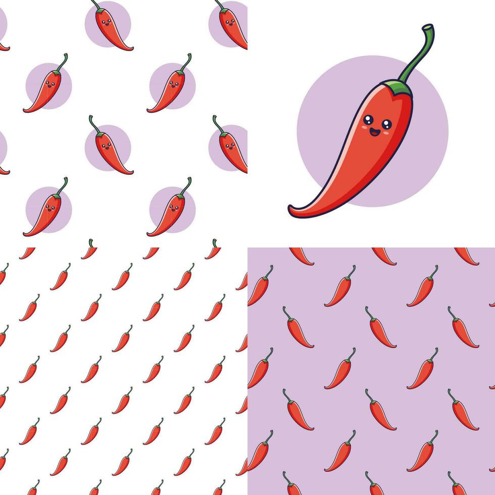 conjunto de linda kawaii rojo pimienta, chile patrones. comida vegetal plano icono. dibujos animados rojo campana pimienta sin costura patrones. vector mano dibujado ilustración. patrones para niños ropa. chile patrones colección