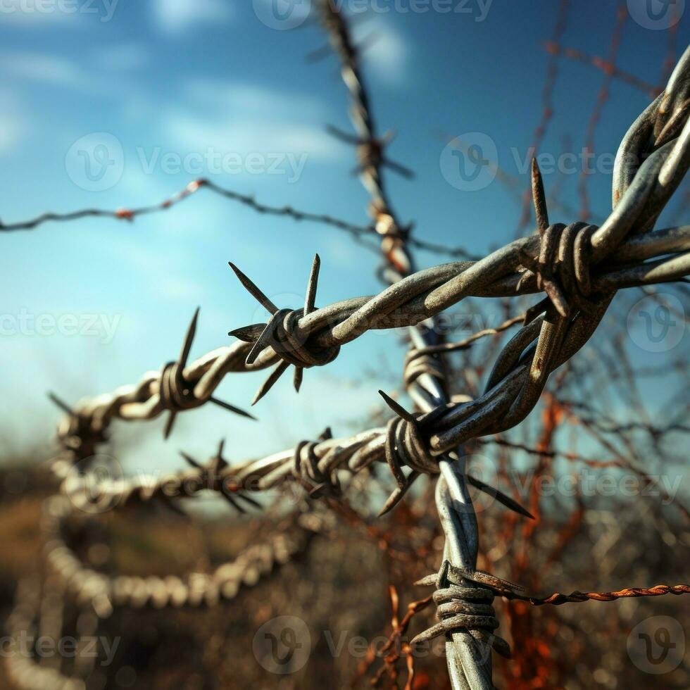 Metallic Barbed wire field closeup. Generate Ai photo