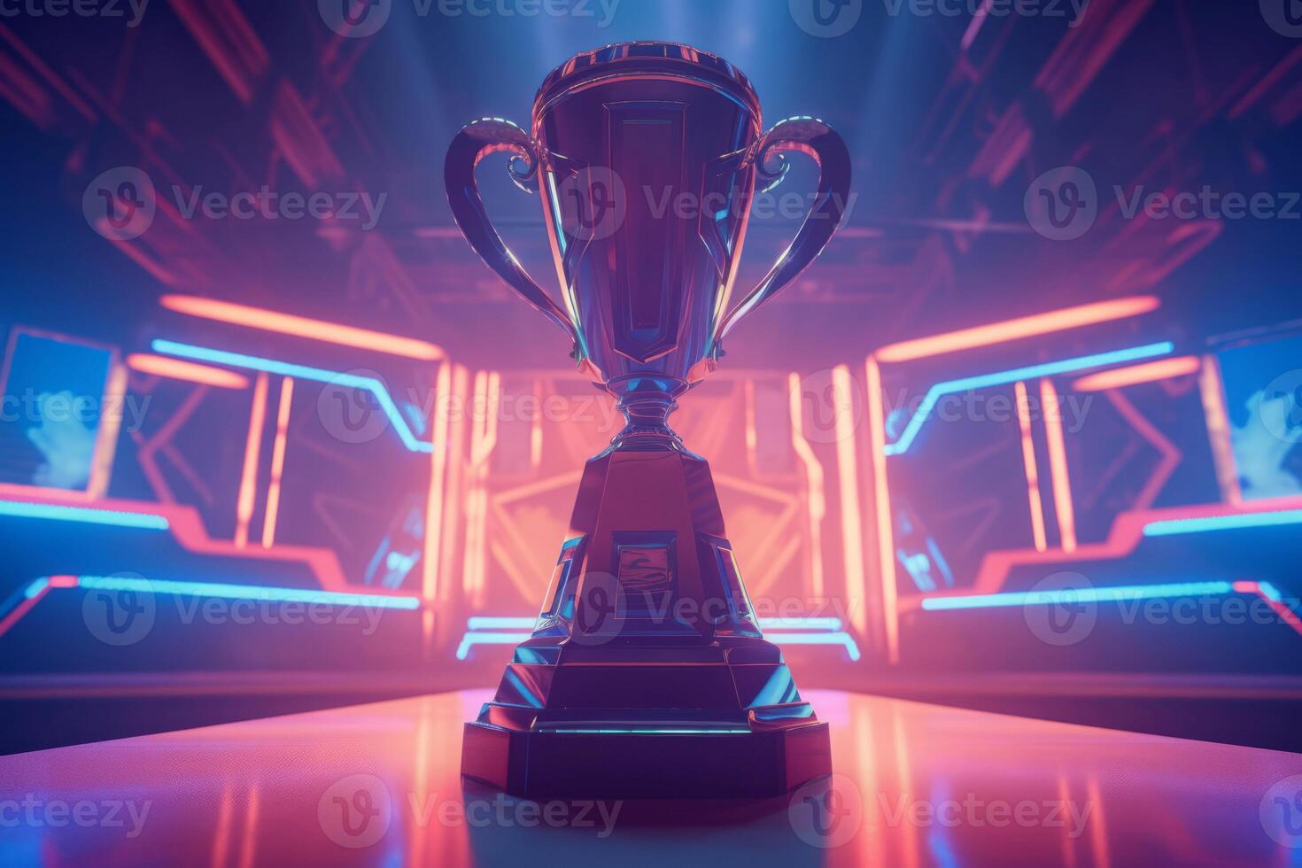 E-sports trophy standing on neon podium. Generate ai photo