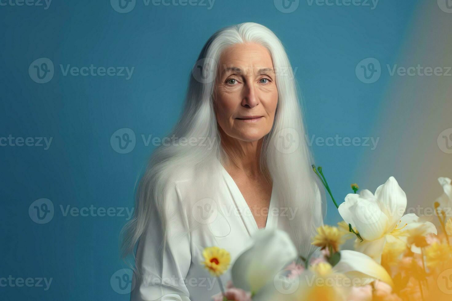 Old mature woman at studio with flowers. Generate Ai photo