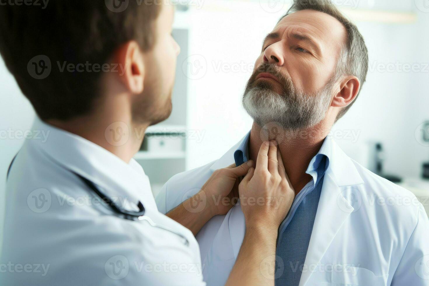 endocrinólogo examinando tiroides glándula de paciente hombre. generar ai foto