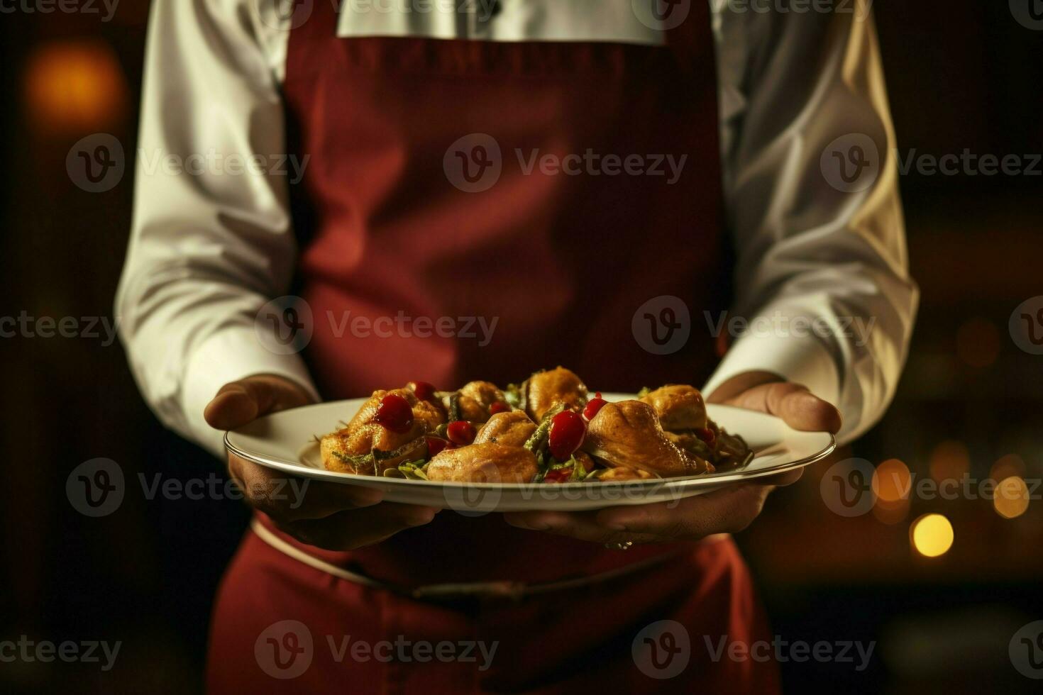 Hygienic Waiter hands pick restaurant food. Generate Ai photo