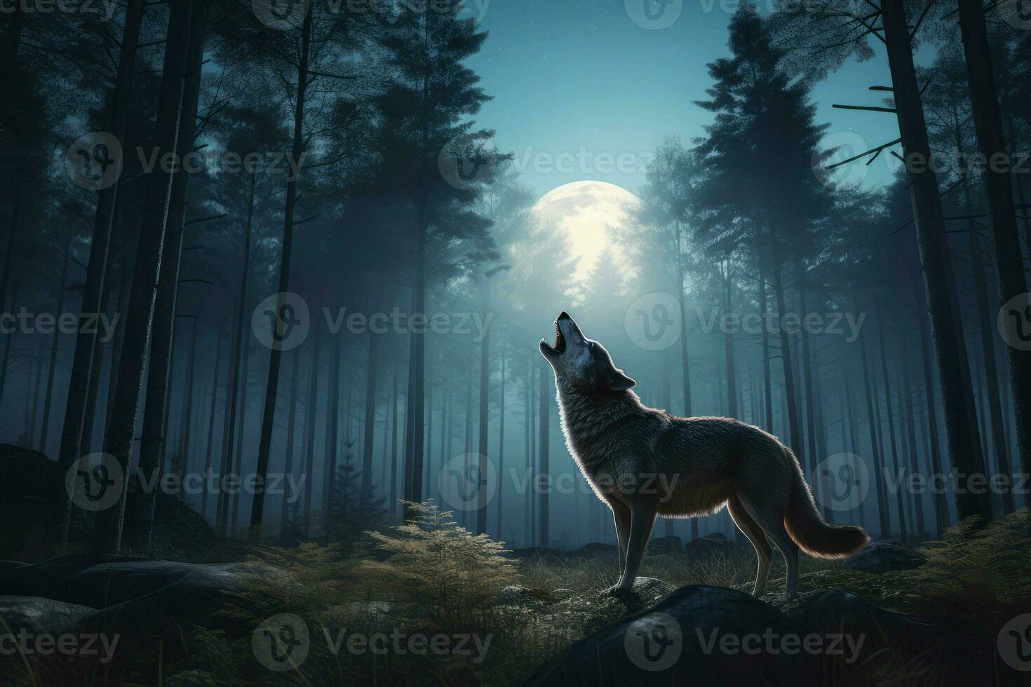 Wolf forest moon night. Generate Ai photo