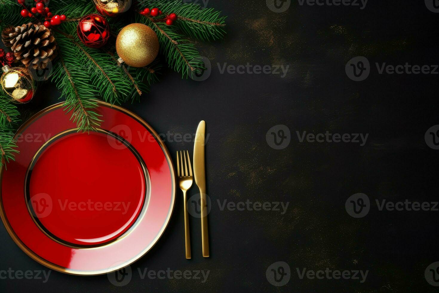 Christmas dinner table setting red plate. Generate Ai photo