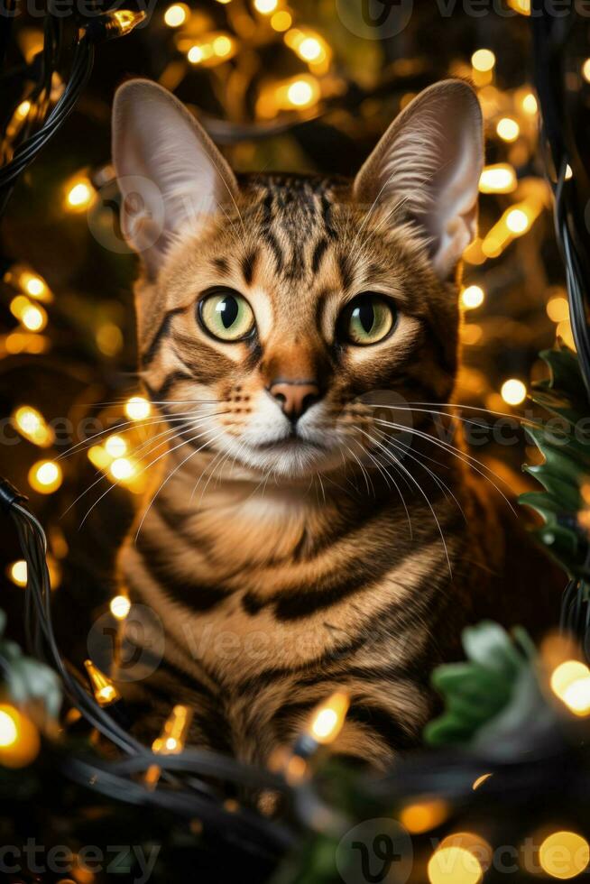 Bengal cat entwined in Christmas lights embodying the holiday spirit photo