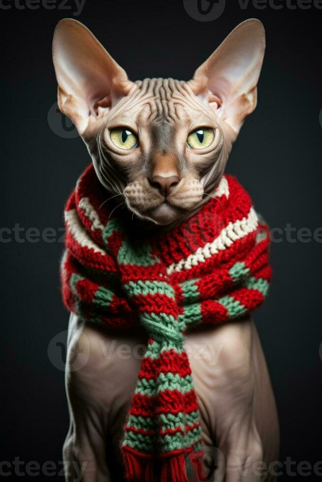 nuevo años sphynx gato con Navidad árbol sombrero y fiesta collar aislado en un blanco antecedentes foto