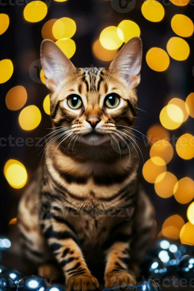 Christmas Bengal cat entwined in holiday lights background with empty space for text photo
