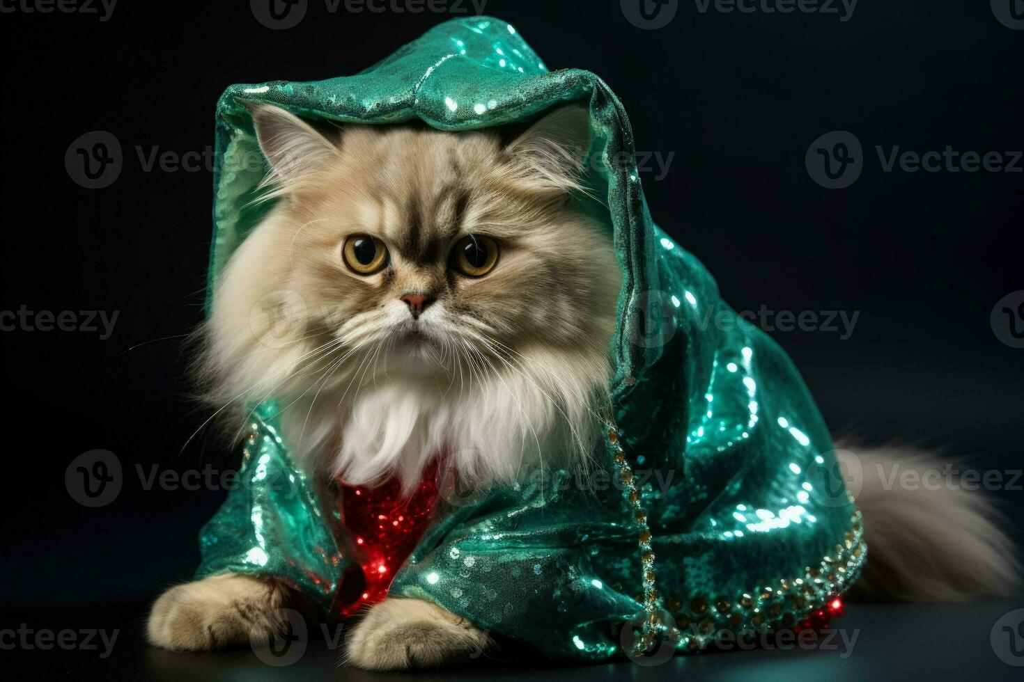 Persian cat in sparkling elf costume with jingle bell shoes isolated on a white background photo