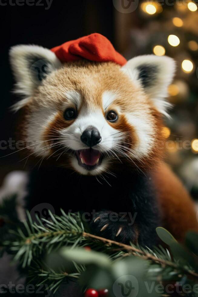 Red Panda wearing baby Santa hat and mistletoe radiates Christmas joy photo