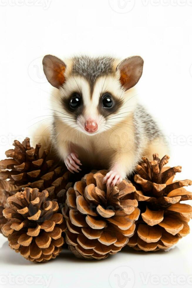 Christmas Sugar Glider in elf costume among holiday pinecones isolated on a white background photo