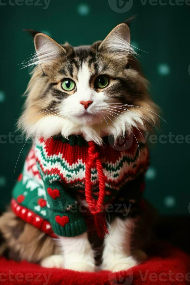 Christmas Maine Coon cat in holiday themed sweater background with empty space for text photo