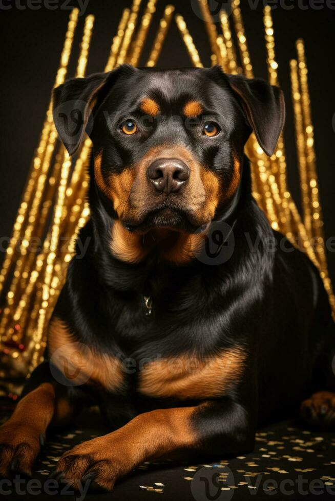 New Years Rottweiler dog with festive gold party cracker background with empty space for text photo