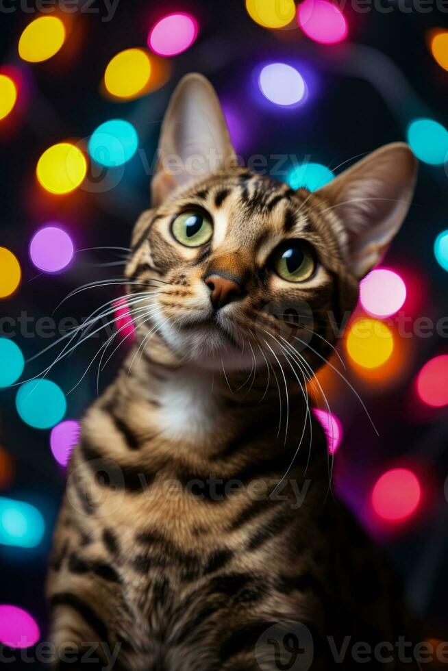 Christmas Bengal cat tangled in colorful lights isolated on a gradient background photo