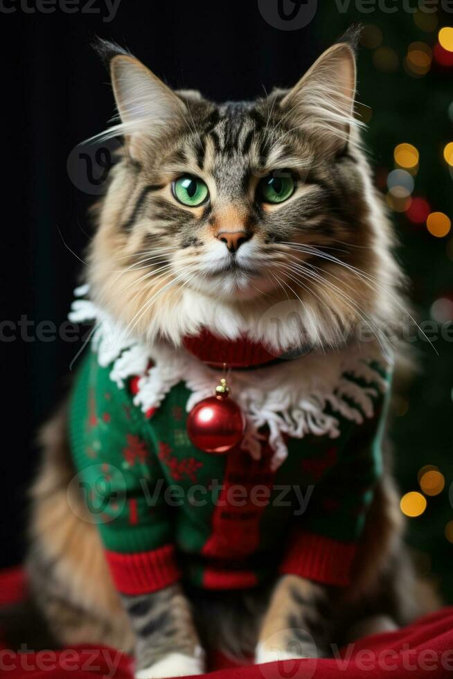 Maine Coon cat in holiday sweater radiating Christmas cheer photo