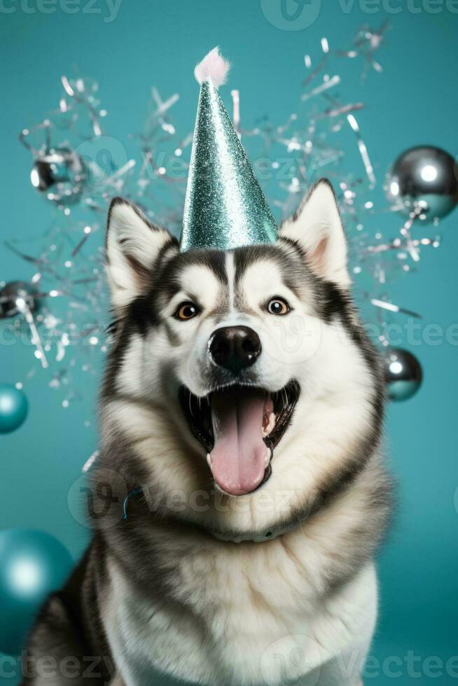 Alaskan Malamute with party hat and noise maker for New Year background with empty space for text photo